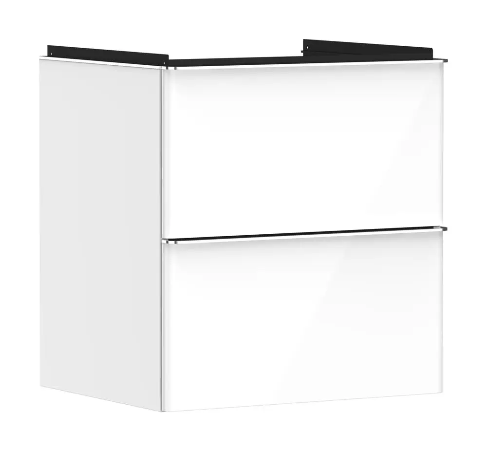Weißer Waschtischunterschrank mit zwei horizontalen Schubkästen und schmalem, schwarzem Top. Hansgrohe-Design für Badmöbel.